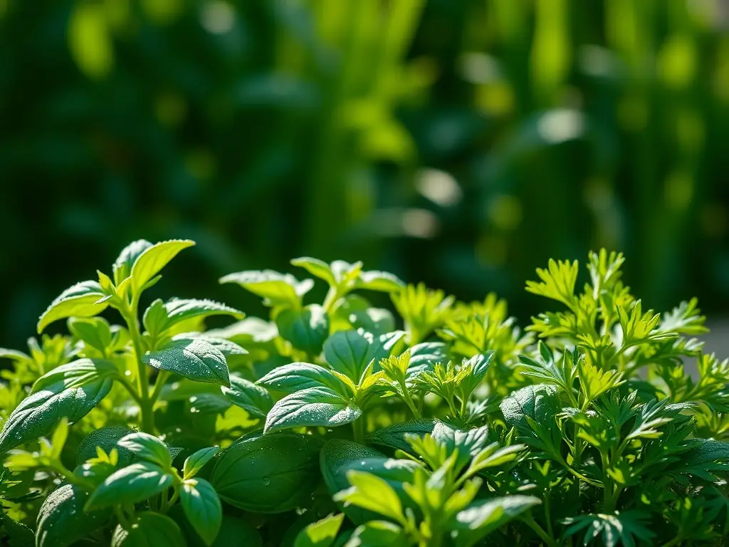 Close-up shot of a person's hands carefully harvesting herbs in a lush garden by the Aegean Sea, early morning light.